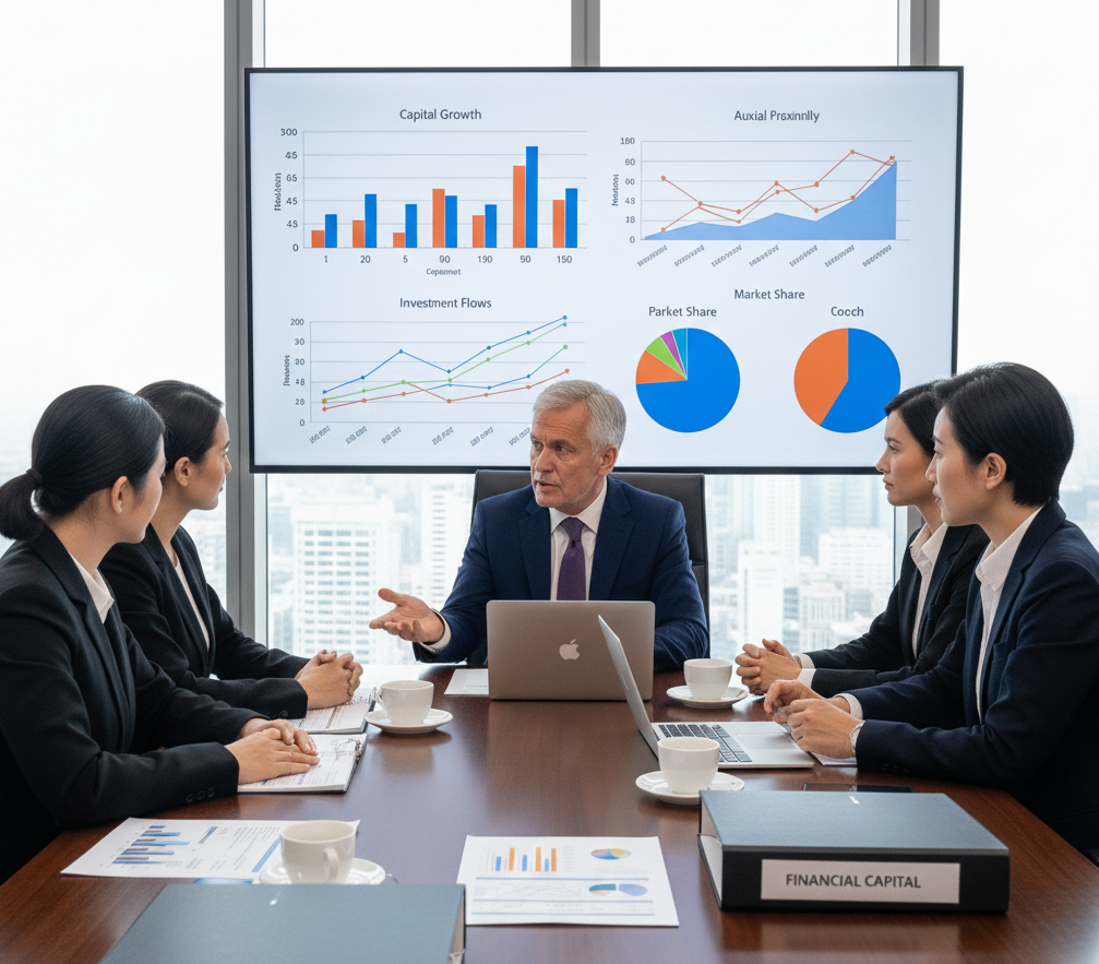 Directivos manufactureros en reunión de análisis financiero con gráficos de capital y reportes en mesa moderna