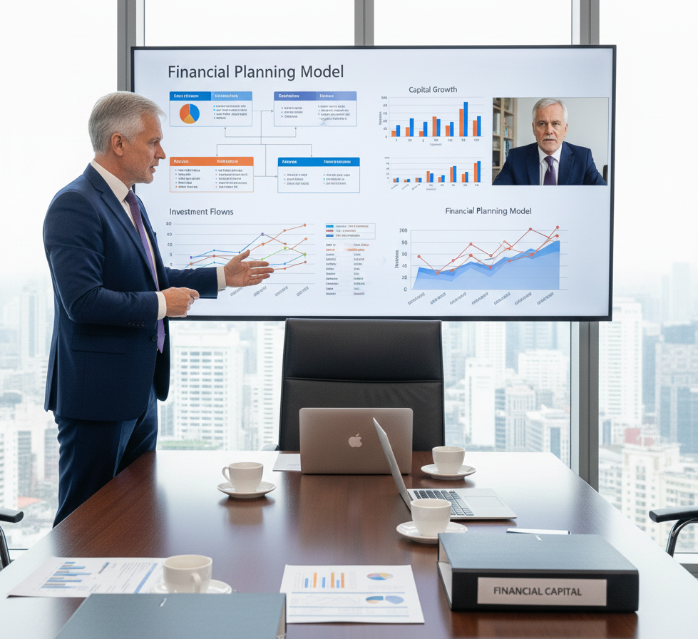 Consultor analizando modelo de planificación financiera con CEO de manufacturer en pantalla grande