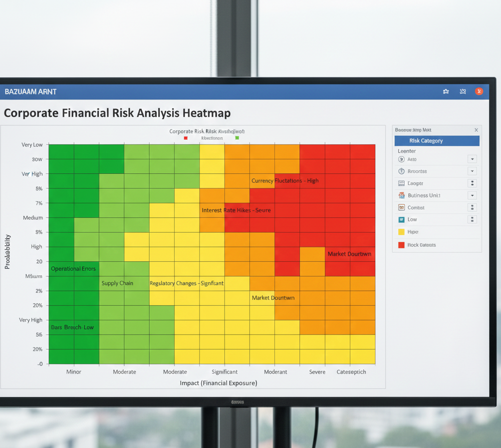 Matriz de análisis de riesgos corporativos con heat map de probabilidad e impacto de exposiciones financieras