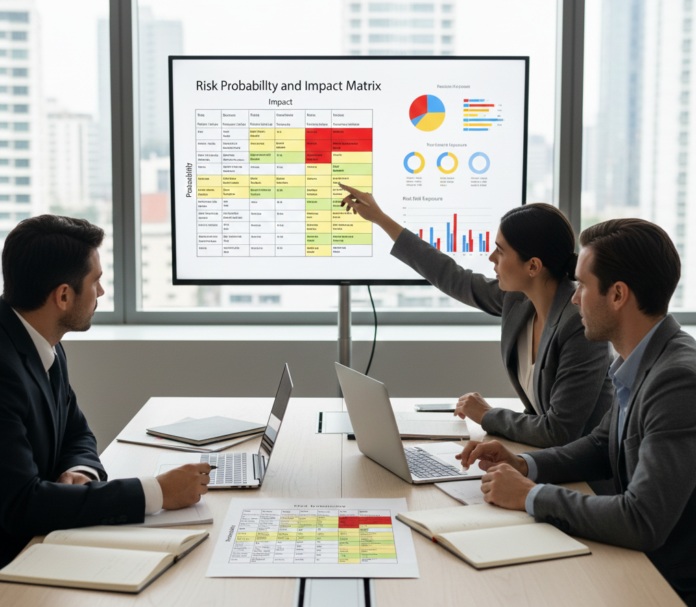 Equipo de riesgo corporativo evaluando exposición en matriz de probabilidad e impacto